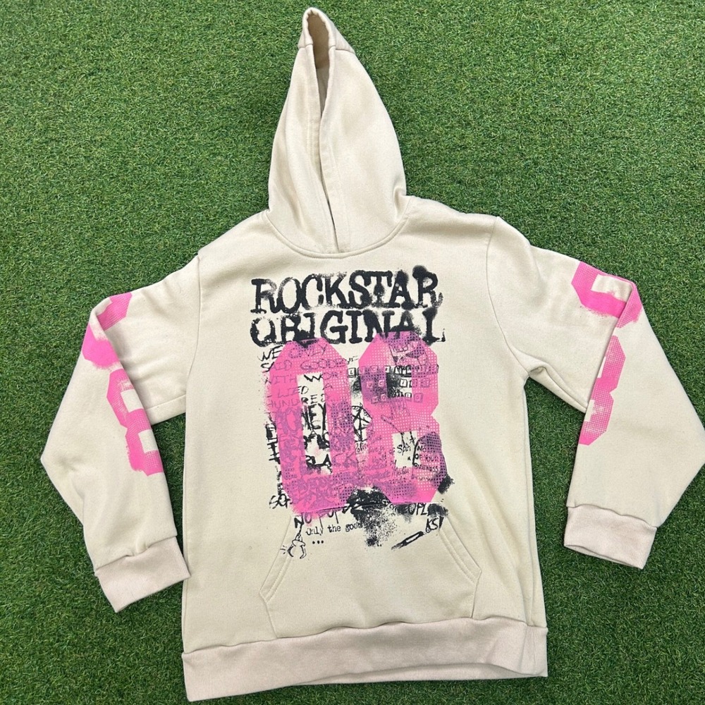 Rockstar Original Kids Beige Pink Graphic Pullover Hoodie Size 12 RHBB16